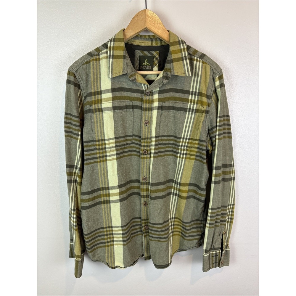 Prana Shirt Mens‎ Small Gray Green Plaid Flannel Long Sleeve Button Up Outdoor